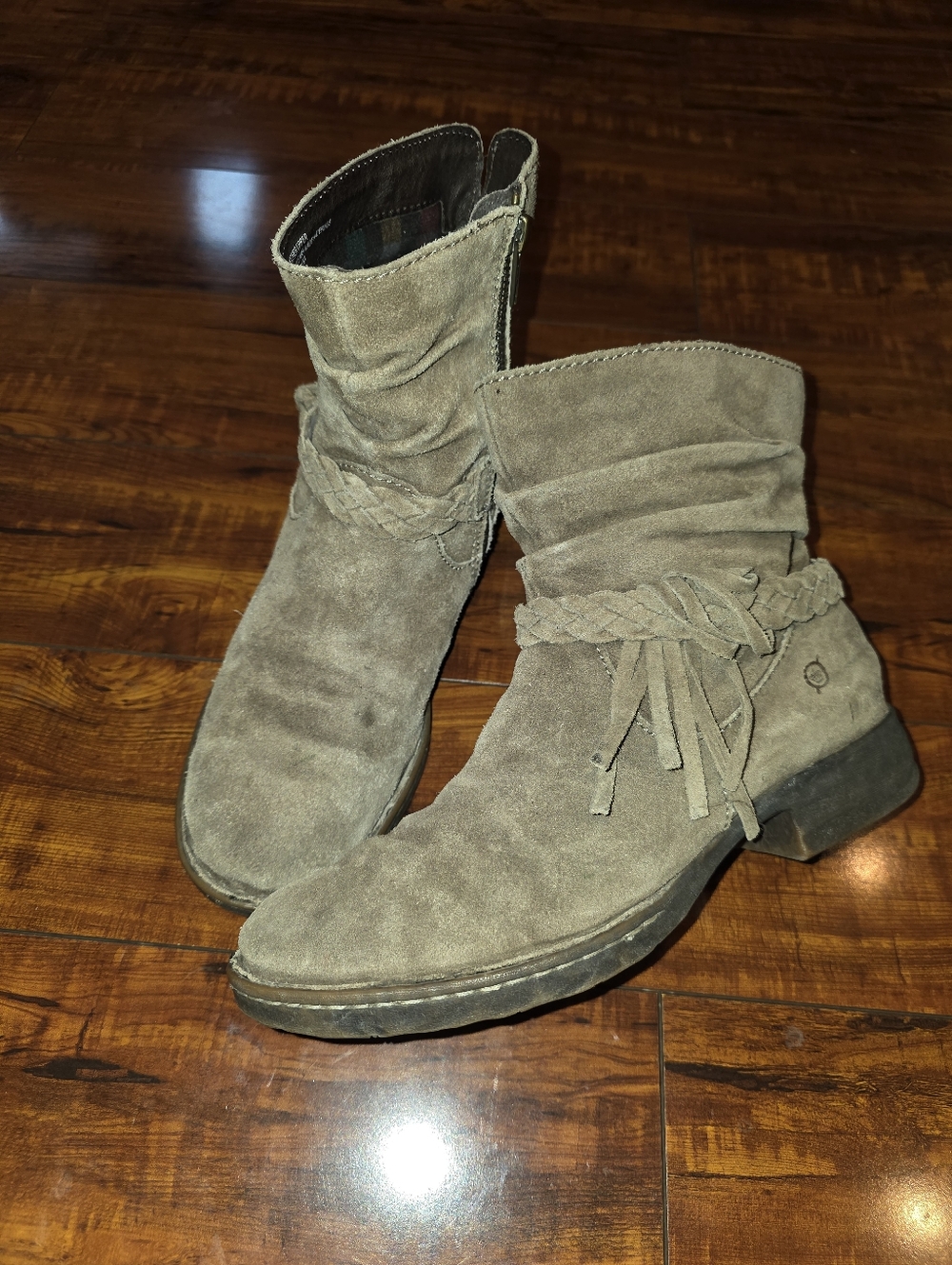 Born Women's Suede Mid-Calf Boot in Taupe with Braided Accent